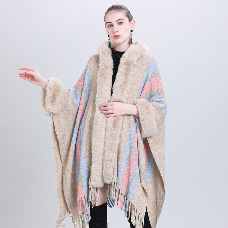European and Korean autumn and winter new cape shawl, colorful striped fur collar hooded fringed knitted cardigan shawl cape 0983 #