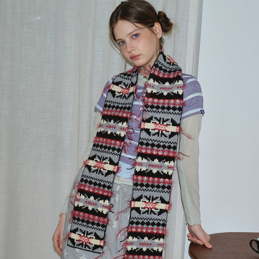 Niche Fair Island knitted scarf women's winter retro contrasting color Christmas matching bai with thickened scarf