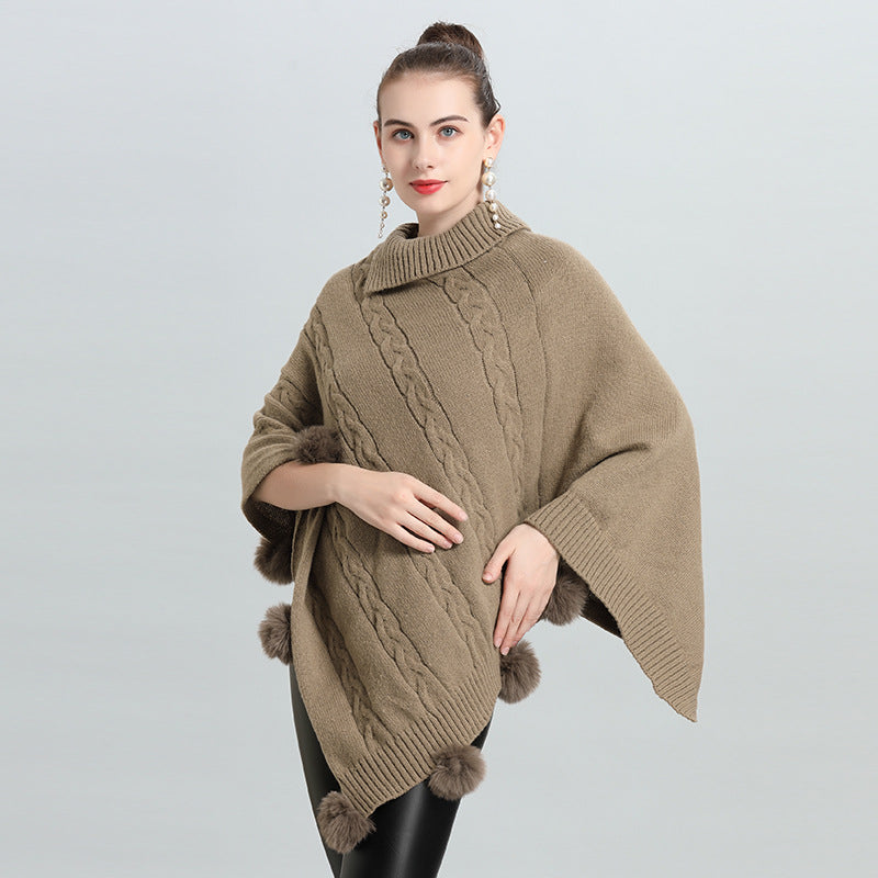 Hot European and Korean autumn and winter new loose jacquard hairball pullover knitted sweater cape shawl 0937 #