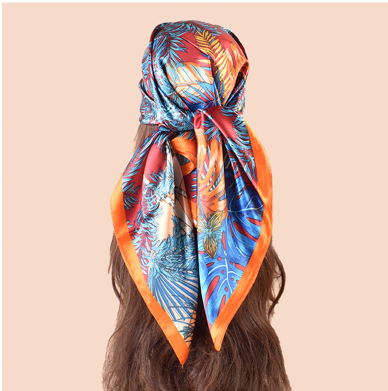 Spring and summer scarf fashionable versatile pastoral plant printing decorative headscarf silk scarf 90cm high-quality satin square scarf