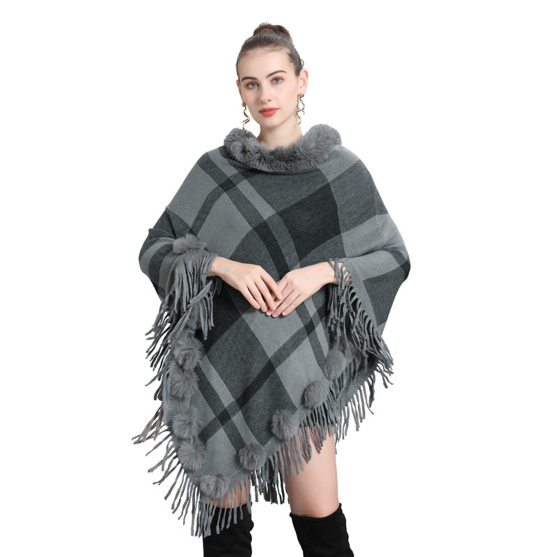 European and American autumn and winter new imitation fur collar round neck plaid hairball pullover knitted sweater cape shawl jacket women 0972 #