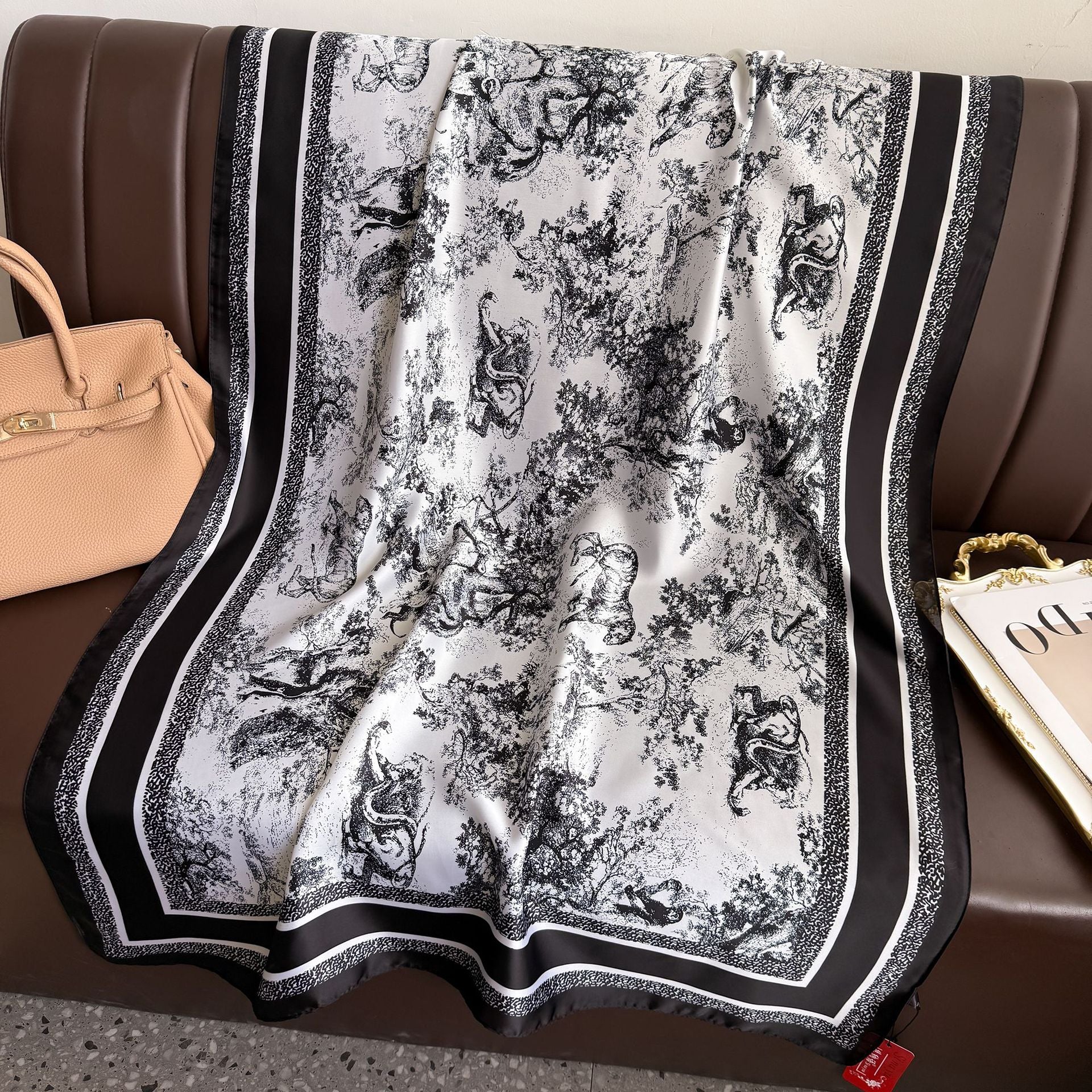 black and white ink painting printing long silk scarf, high sense spring and summer travel vacation sun protection shawl scarf