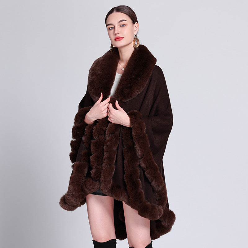 European and American new cape large size coat women's shawl loose imitation fur collar knitted cardigan shawl cape 1561 #