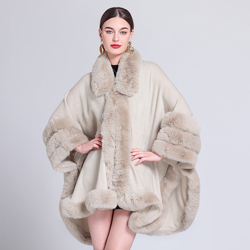 European and American autumn and winter new knitted fur collar loose cape shawl cape with medium and long imitation fur coat women