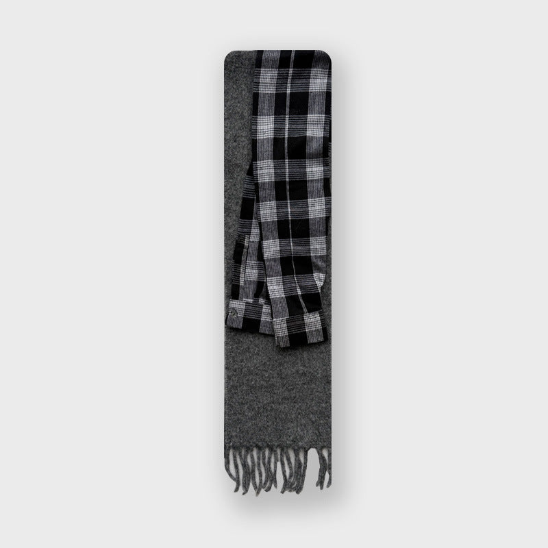 Plaid shirt sleeves splicing deconstruction fun wool blend fringed scarf women's winter wool scarf