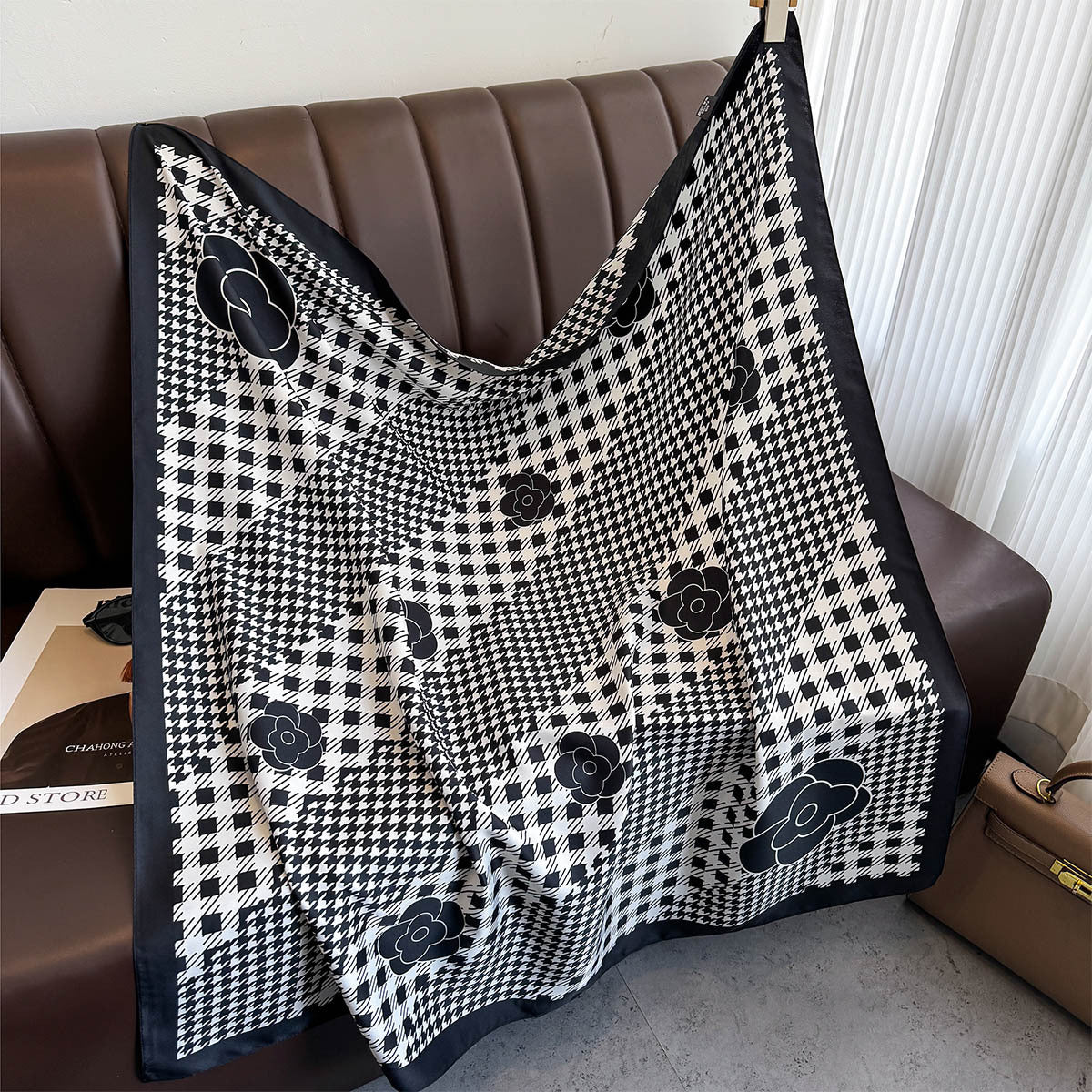 New Korean version plaid printing light luxury large square scarf spring and summer sunscreen silk scarf air conditioner warm shawl women