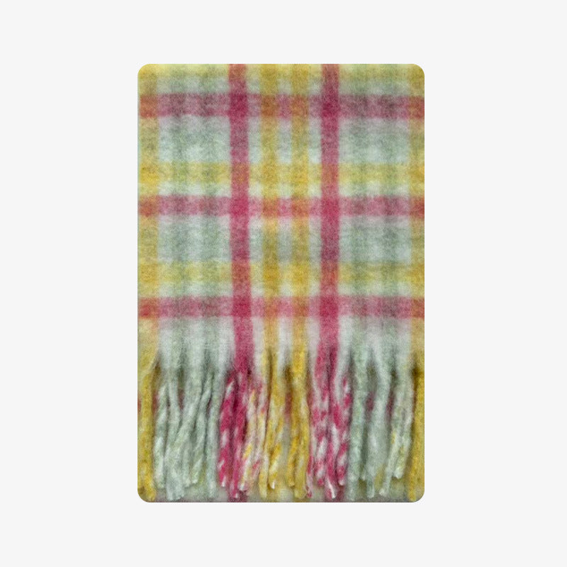 Niche wool blended rainbow plaid scarf women's autumn and winter plus fringed shawl Korean wool scarf