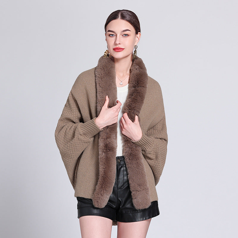 Autumn and winter new fashion loose fur collar bat sleeve knitted cardigan shawl with cape jacket women 1226
