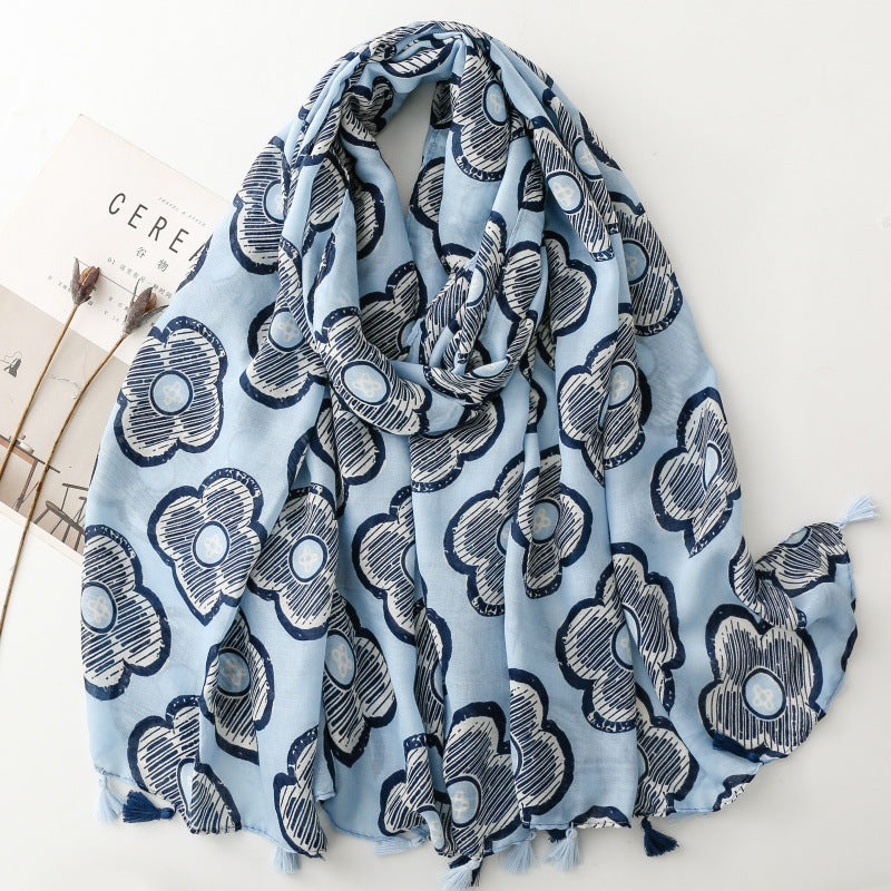 Spring and summer cotton and linen feel scarf celebrity style four-leaf flower window fringed silk scarf warm shawl