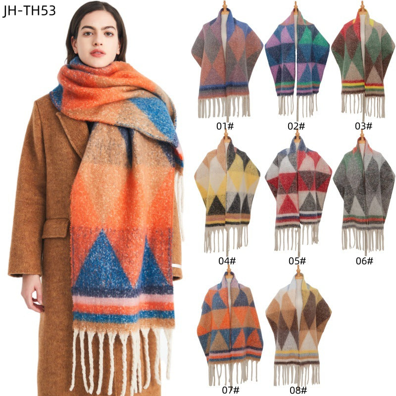 2025 new European, American autumn and winter circle yarn jacquard triangular fringed scarf