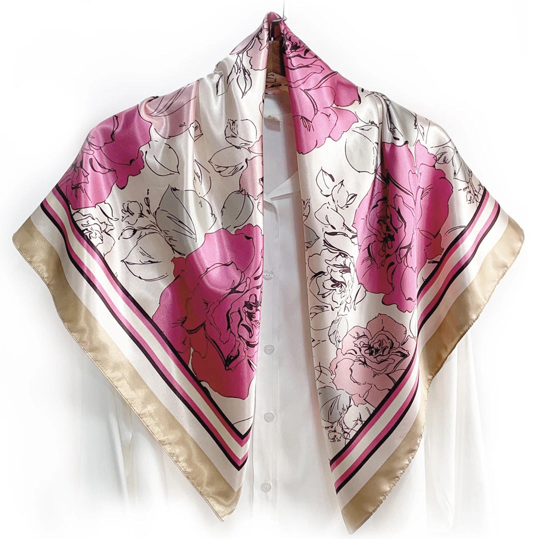 Elegant temperament women's decorative scarf, imitation silk satin plant flower flower printed silk scarf, bag head square scarf