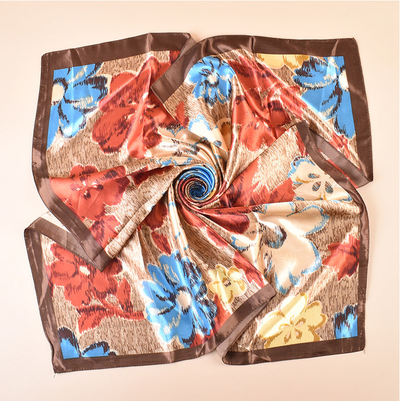 Spring new fashionable versatile large shawl imitation silk flower printing silk scarf head scarf 90-color square scarf