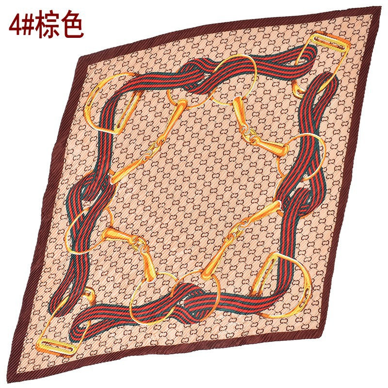 New French chain ring pattern printed pleated 90-color large square towel, head towel simulation silk