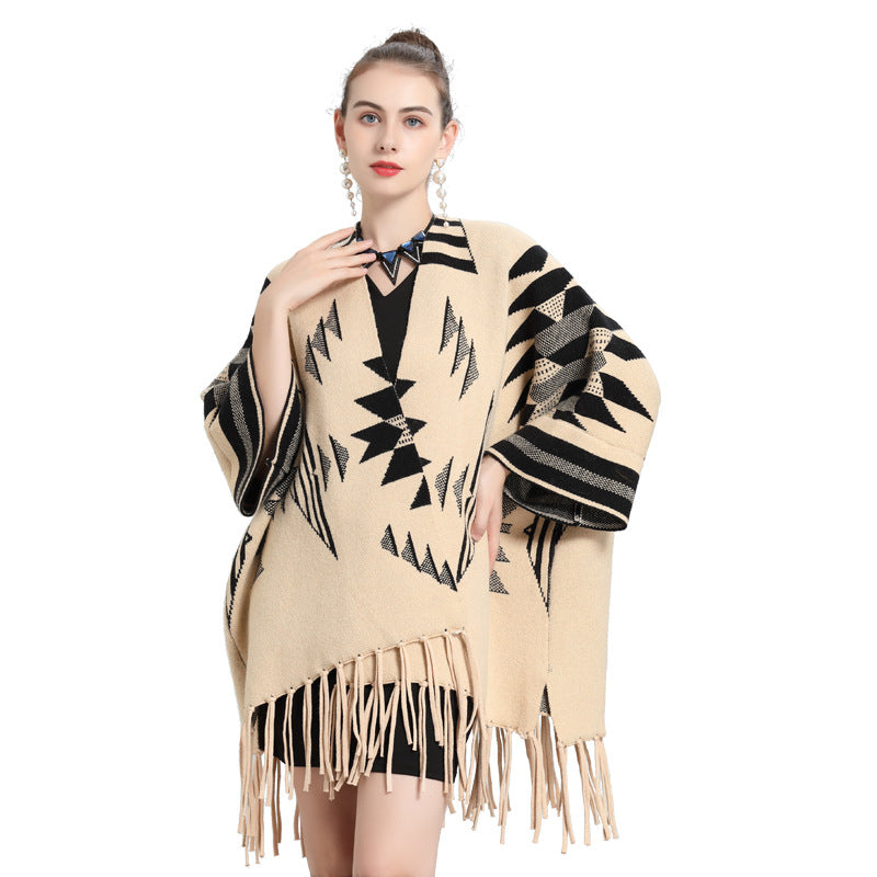 Autumn and winter new large size loose medium and long jacquard knitted cardigan fringed shawl jacket women 0916