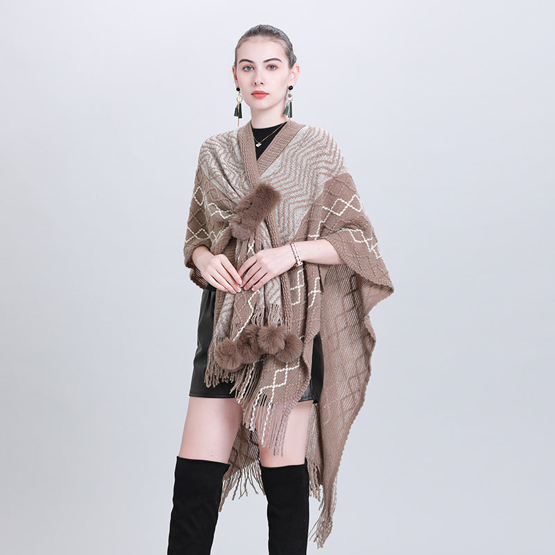 European and Korean autumn and winter new fashion multi-purpose scarf shawl hairball knitted cardigan shawl cape 0993 #