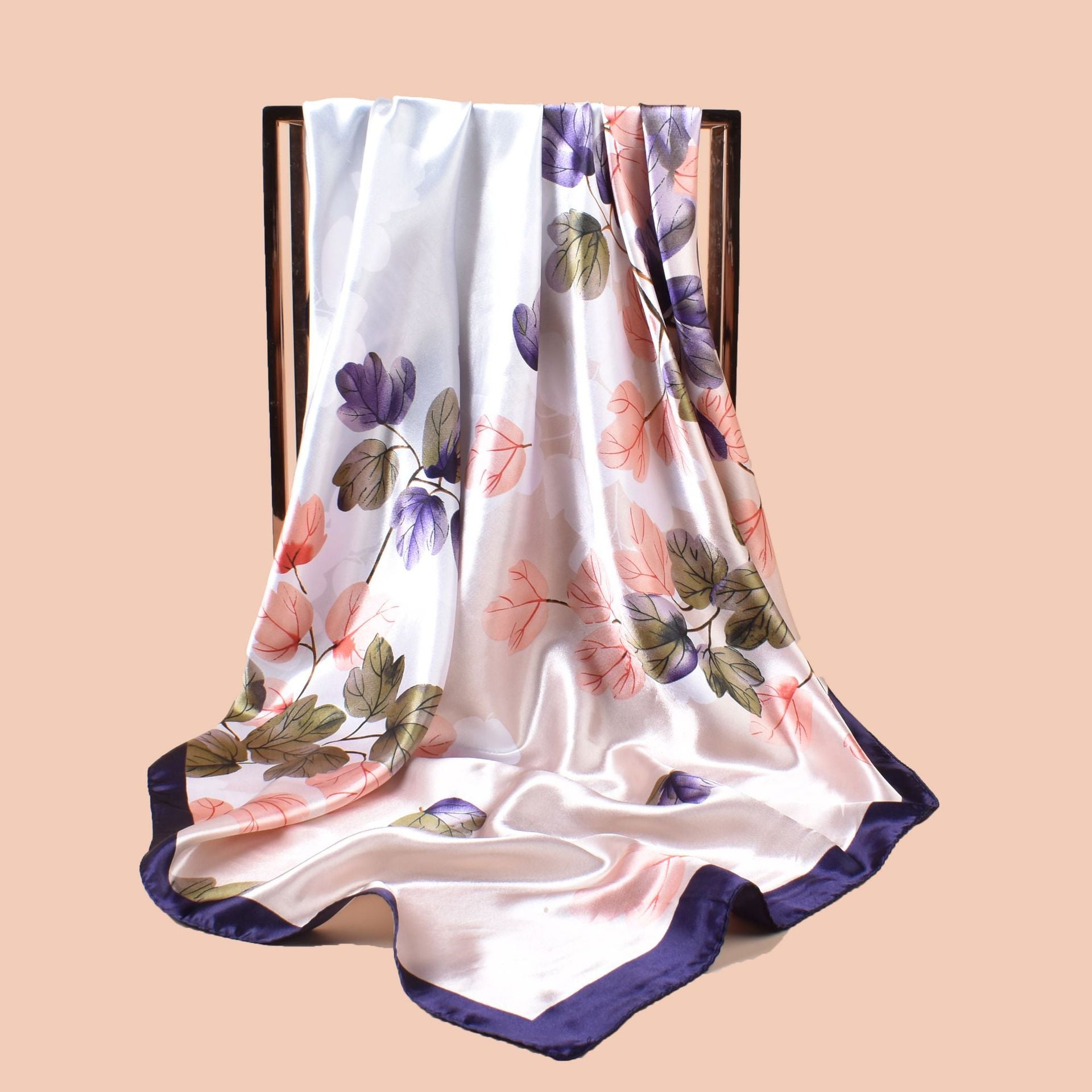 New 90cm * 90cm satin, leaf printed large square scarf with sunscreen, bag head silk scarf decoration, scarf