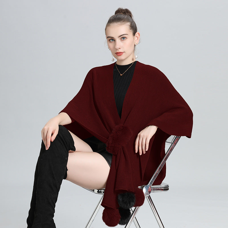 Europe, America autumn and winter new hairball knitted cardigan multi-purpose shawl top women's large size coat 0971