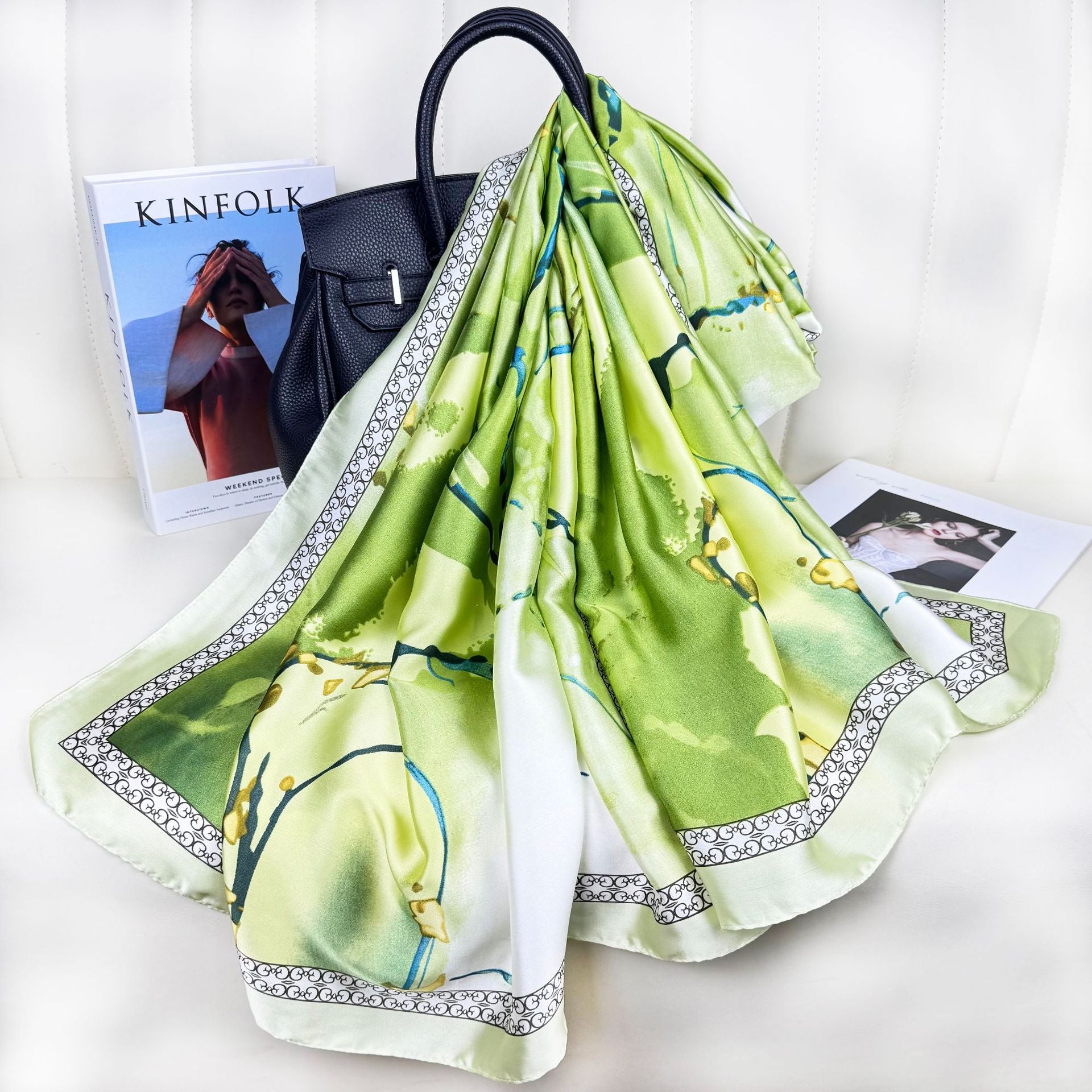 Fashion versatile gradual change color pattern printed silk scarf, elegant temperament women sunscreen shawl beach towel