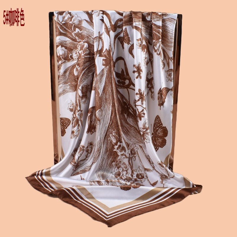 2025 new 90cm-satin butterfly lily printed square scarf with sunscreen bag head silk scarf decorative scarf