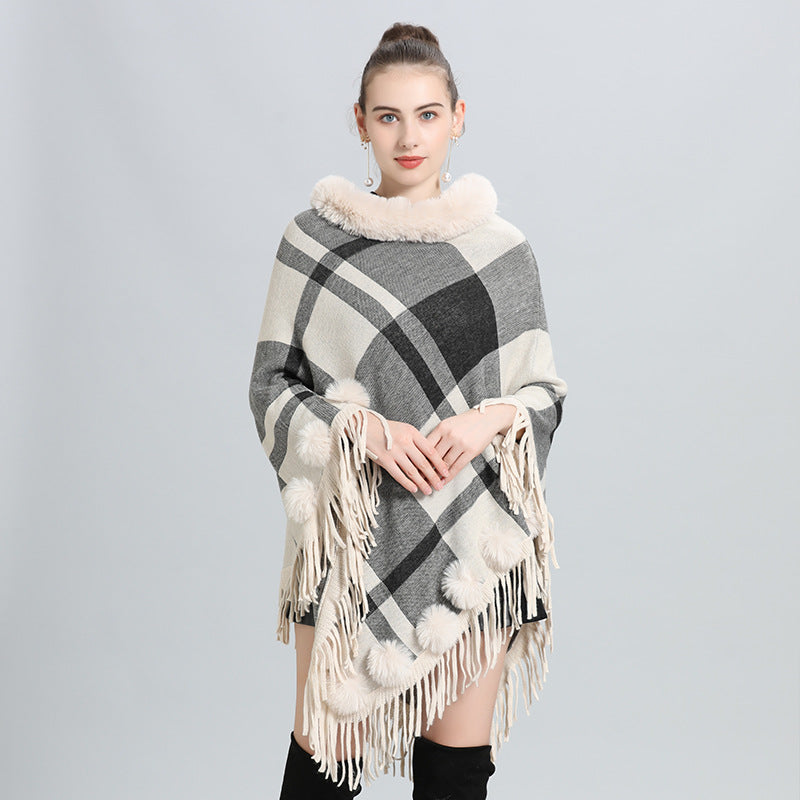 European and American autumn and winter new imitation fur collar round neck plaid hairball pullover knitted sweater cape shawl jacket women 0972 #