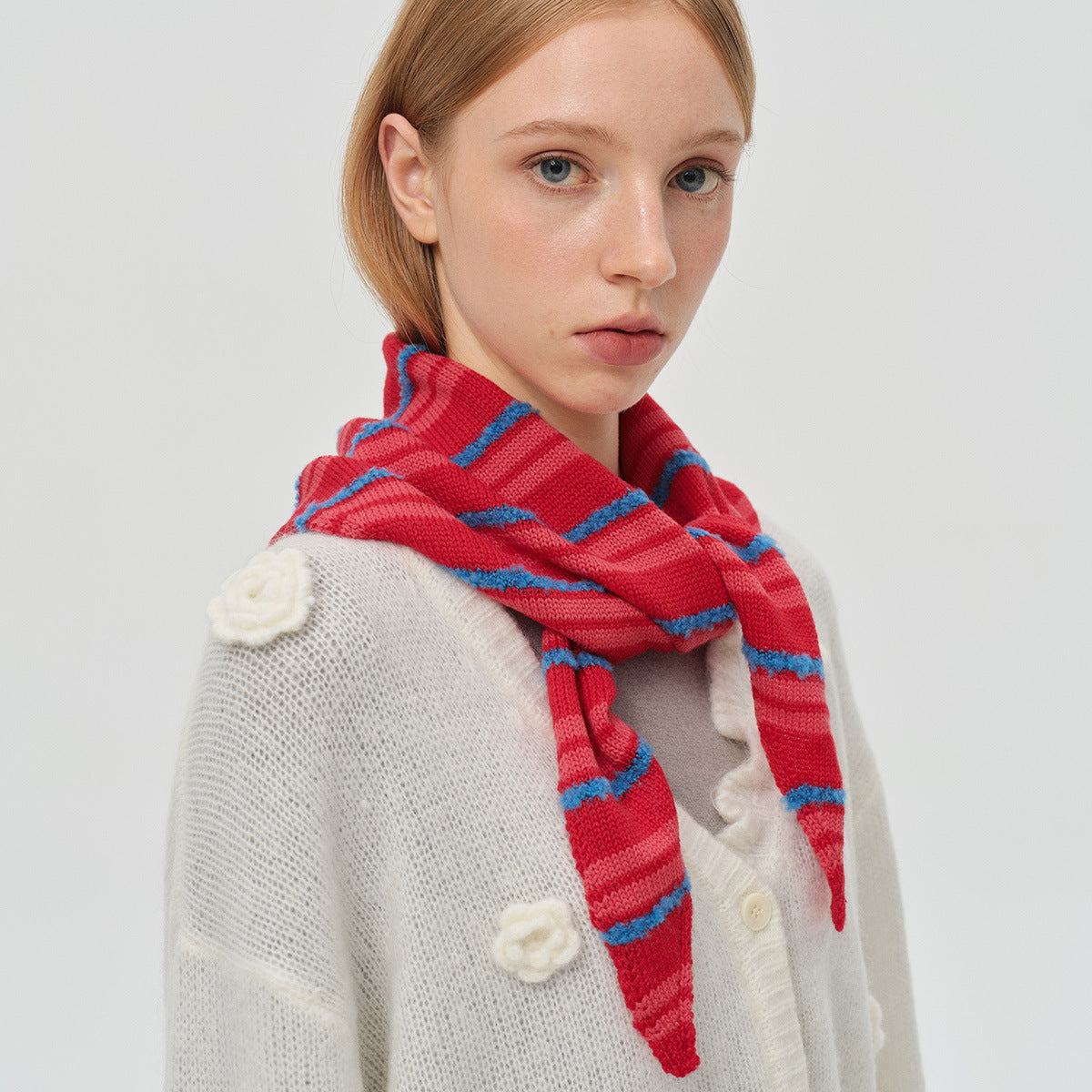 Designer wool blended cotton striped triangle scarf female cute fun knitted small scarf Korean scarf