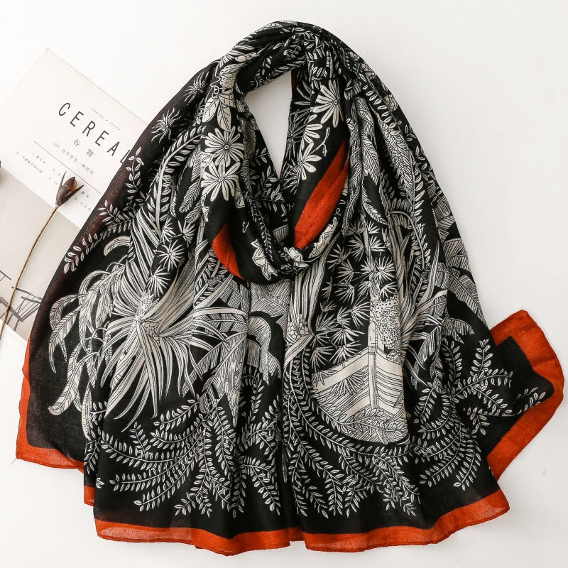 Autumn and Winter Fashion Wheat Ears Plant Flowers Silk Scarf Cotton and linen Feel Travel Vacation Shawl
