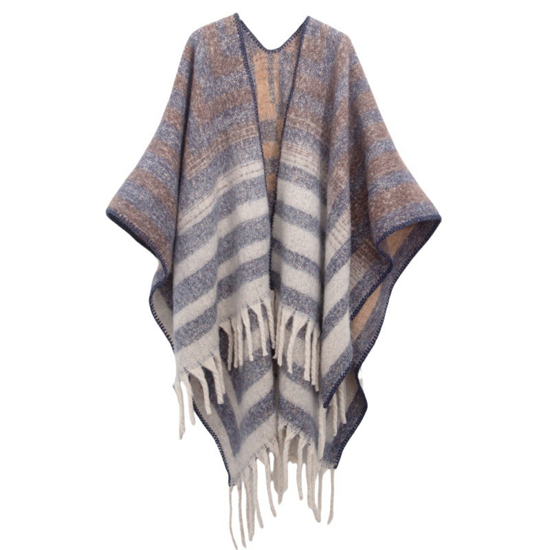 2025 new European and American autumn and winter circle yarn imitation mohair thickened jacquard striped shawl