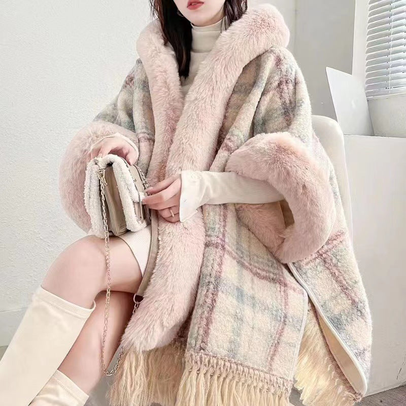 New cape shawl hooded fleece thickened temperament fringed medium and long loose large size cape jacket 1186 #