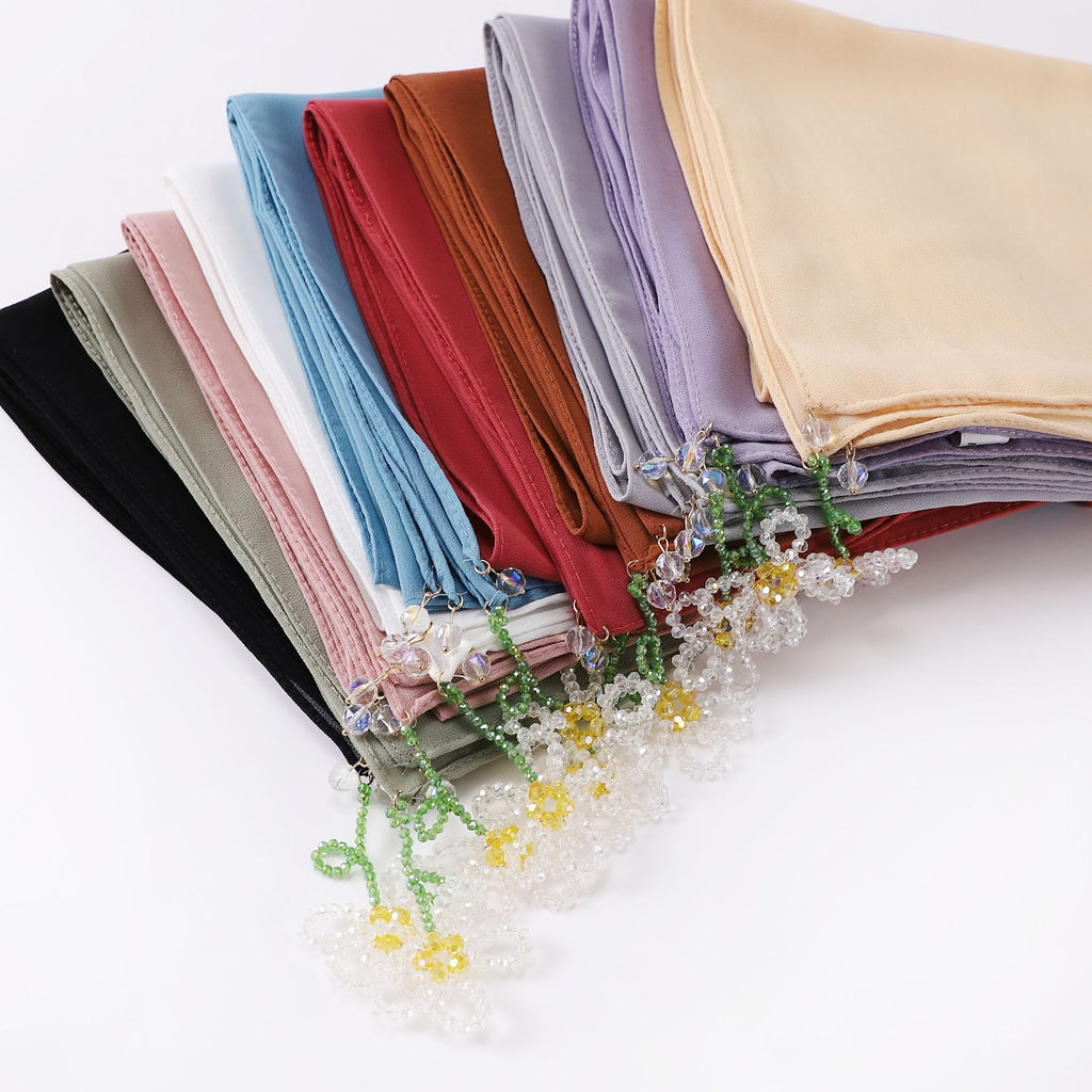 crystal flower pendant Hijab pearl chiffon square scarf 90 * 90cm headscarf