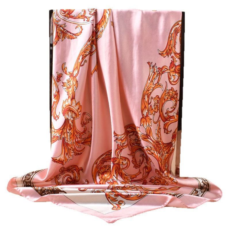 2025 new 90cm-satin flower vine printed square scarf with sunscreen, head silk scarf decorative scarf