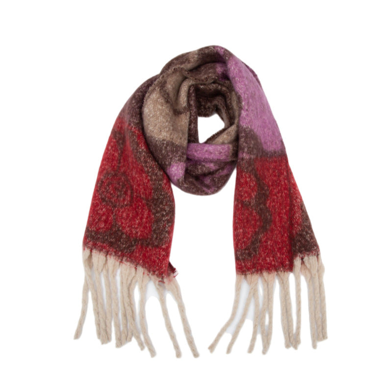 European, American autumn and winter new loop yarn imitation mohair jacquard four-leaf flower scarf