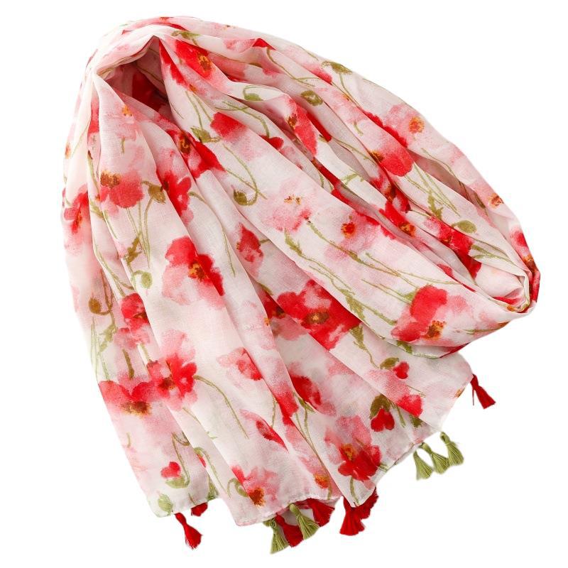 Scarf Bali yarn silk scarf small fresh lady sweet idyllic pink red flower tassel travel shawl woman