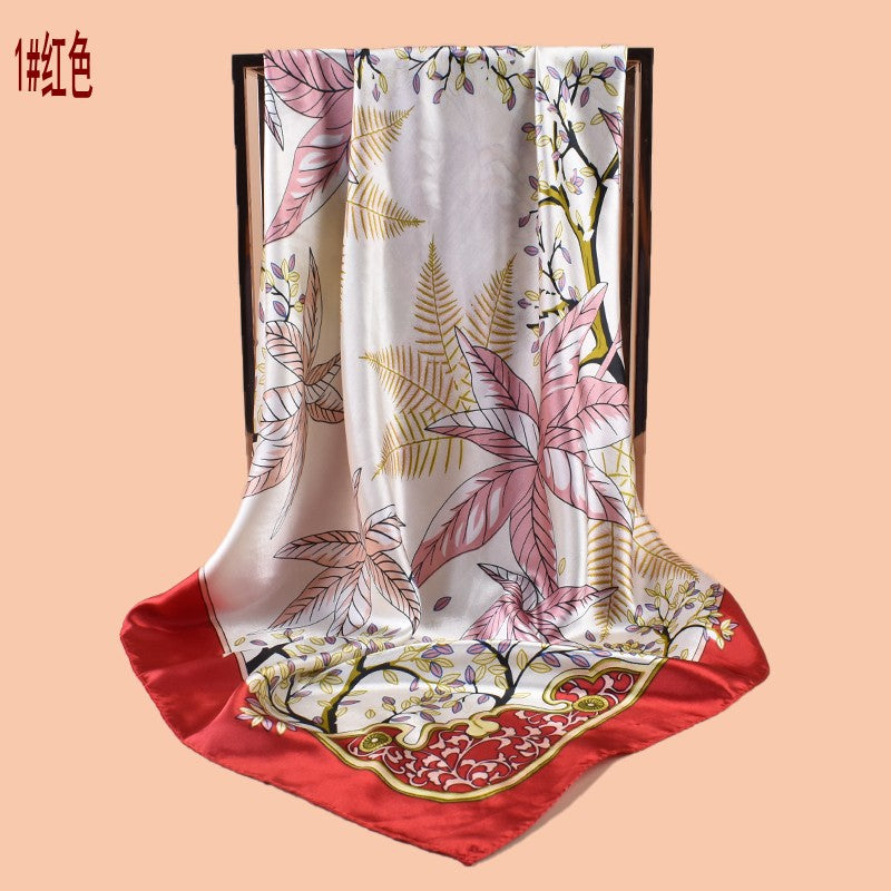 2025 new 90cm satin branches and leaves printed square scarf with sunscreen, bag head silk scarf decoration, scarf