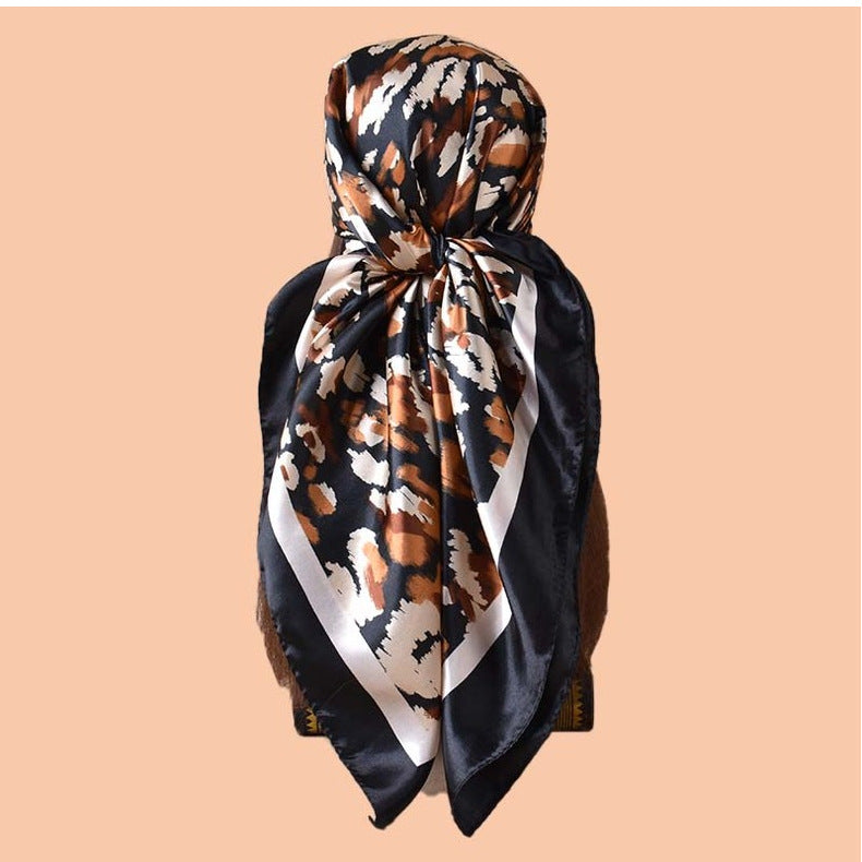 2025 new 90-satin geometric leopard print versatile printed square scarf with sunscreen, bag head silk scarf decoration, scarf