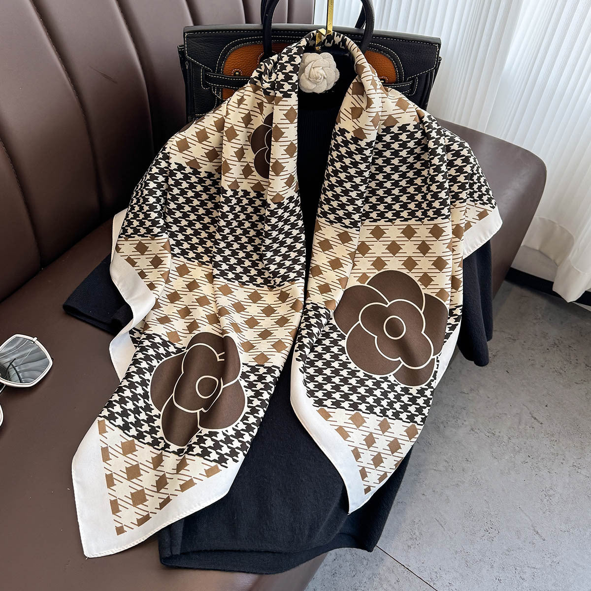 New Korean version plaid printing light luxury large square scarf spring and summer sunscreen silk scarf air conditioner warm shawl women