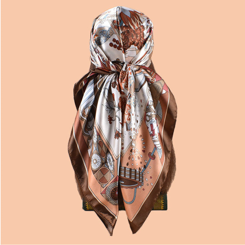 2025 new 90cm-satin geometric retro printed square scarf with sunscreen bag head silk scarf decorative scarf