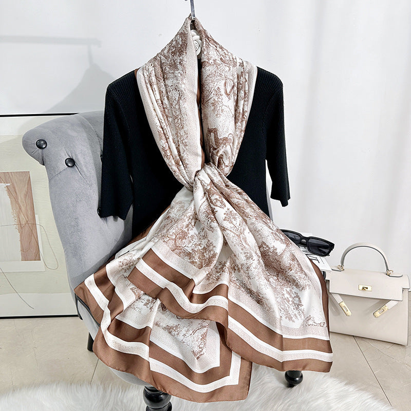 Fashion thin travel photography with long scarves, Japanese and Korean retro niche plant flower printing silk scarves