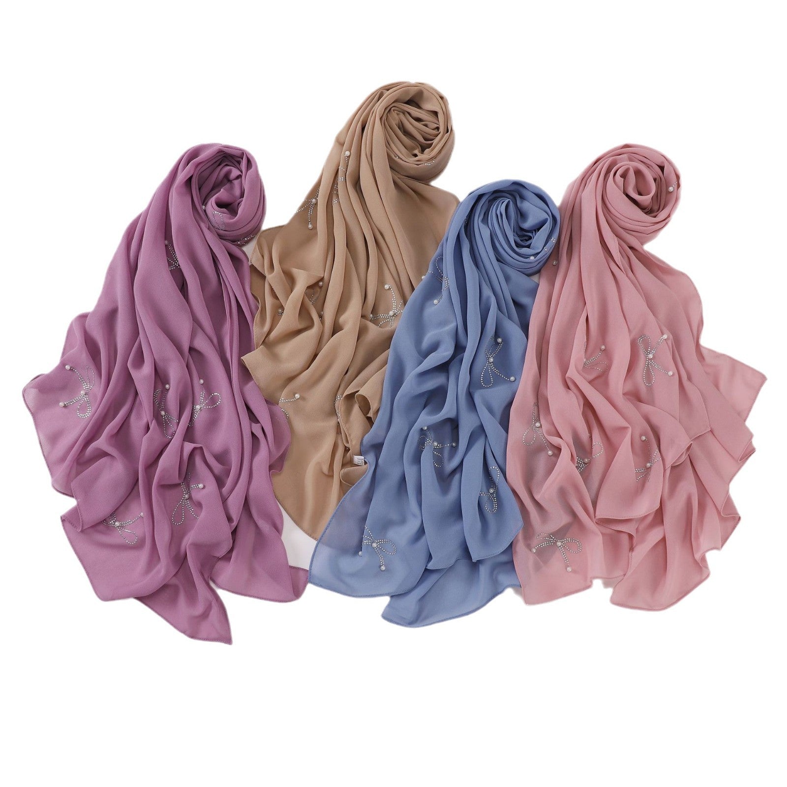 New pearl chiffon bow hot diamond beads long towel yarn towel small fresh headscarf women