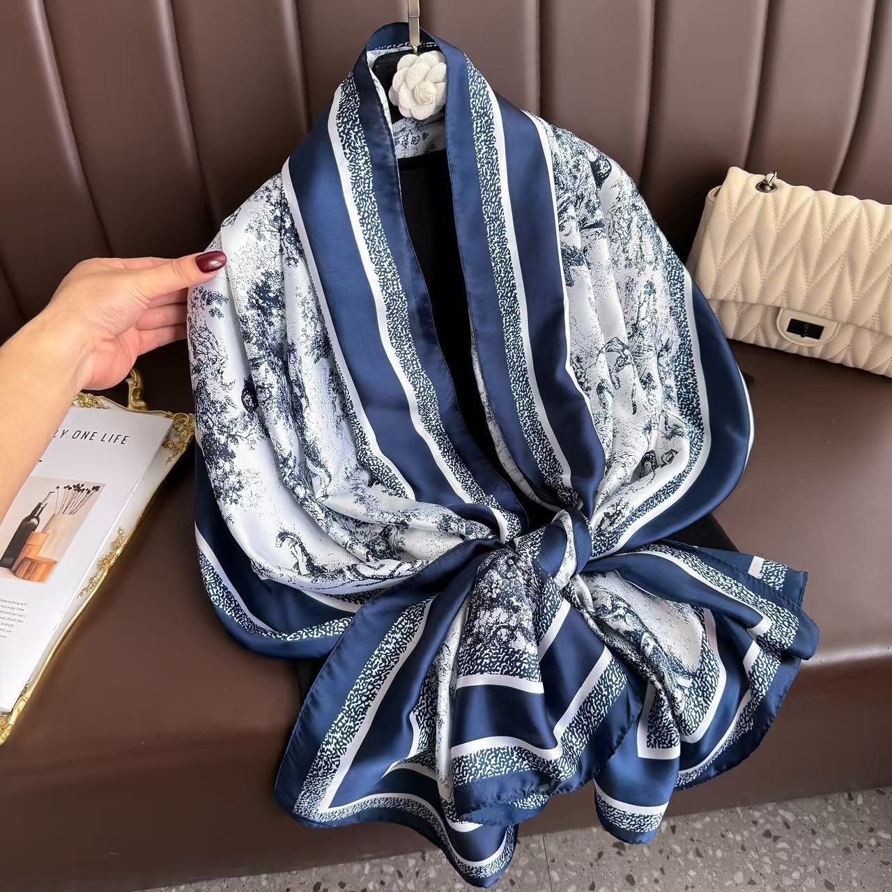 black and white ink painting printing long silk scarf, high sense spring and summer travel vacation sun protection shawl scarf