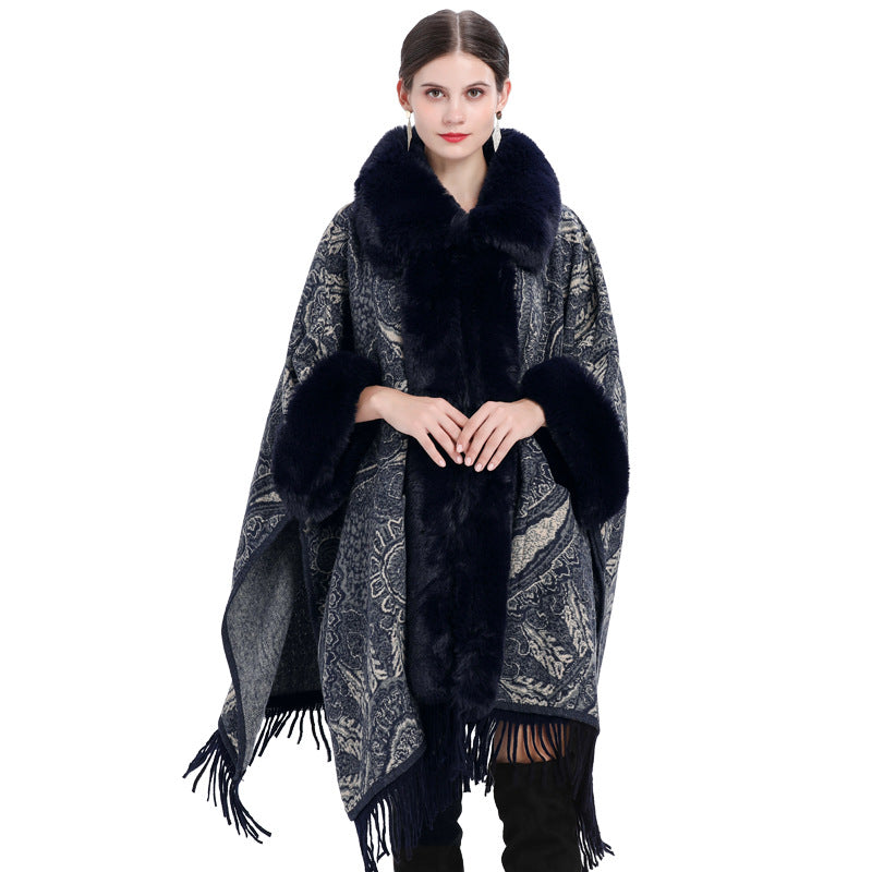 Europe, America, autumn and winter new jacquard fashion loose fur collar fringed cape shawl with large size woolen coat women