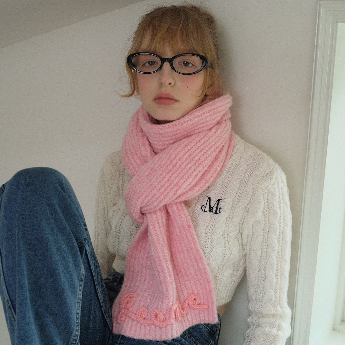 Korean designer three-dimensional handmade crochet letter solid color scarf women's winter cute wool blend scarf