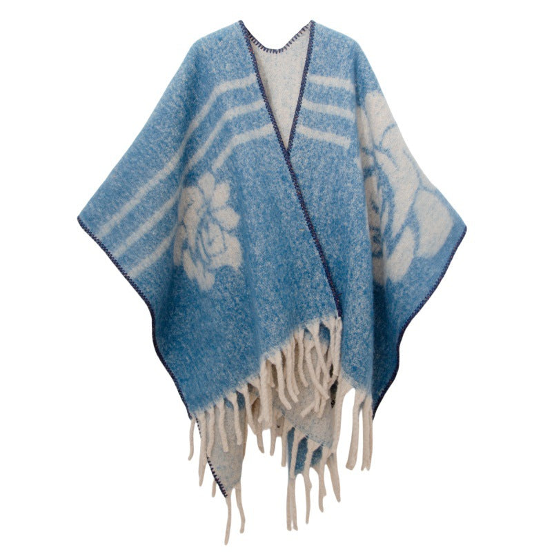 Shawl 2025 new European and American autumn and winter circle yarn imitation mohair thickened jacquard flower cape