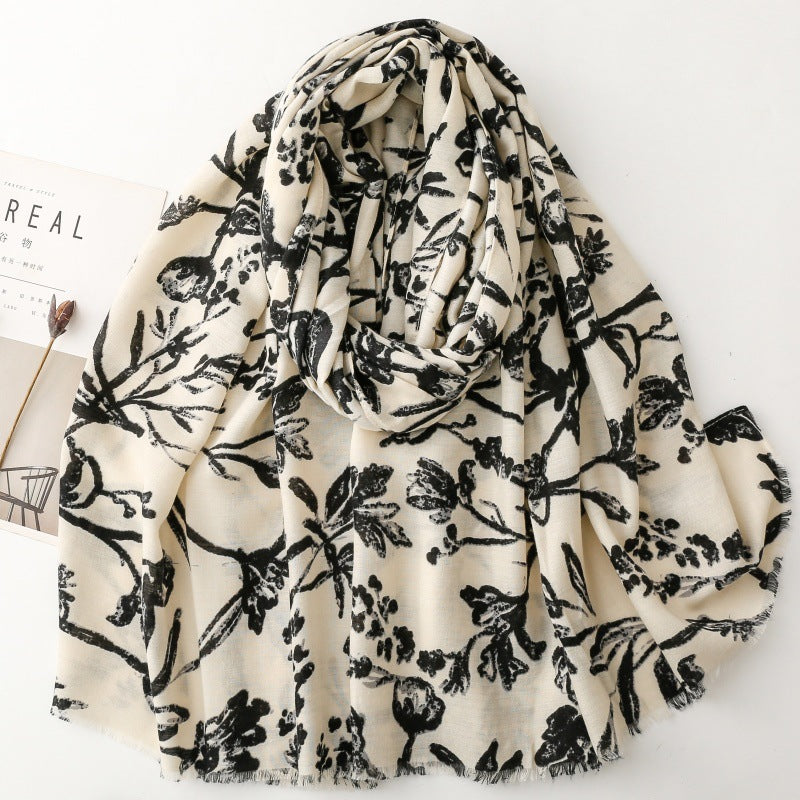 Vintage ethnic style cotton and linen feel scarf plant flower branch silk scarf thick shawl ladies