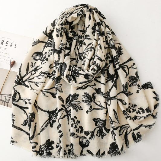 Vintage ethnic style cotton and linen feel scarf plant flower branch silk scarf thick shawl ladies