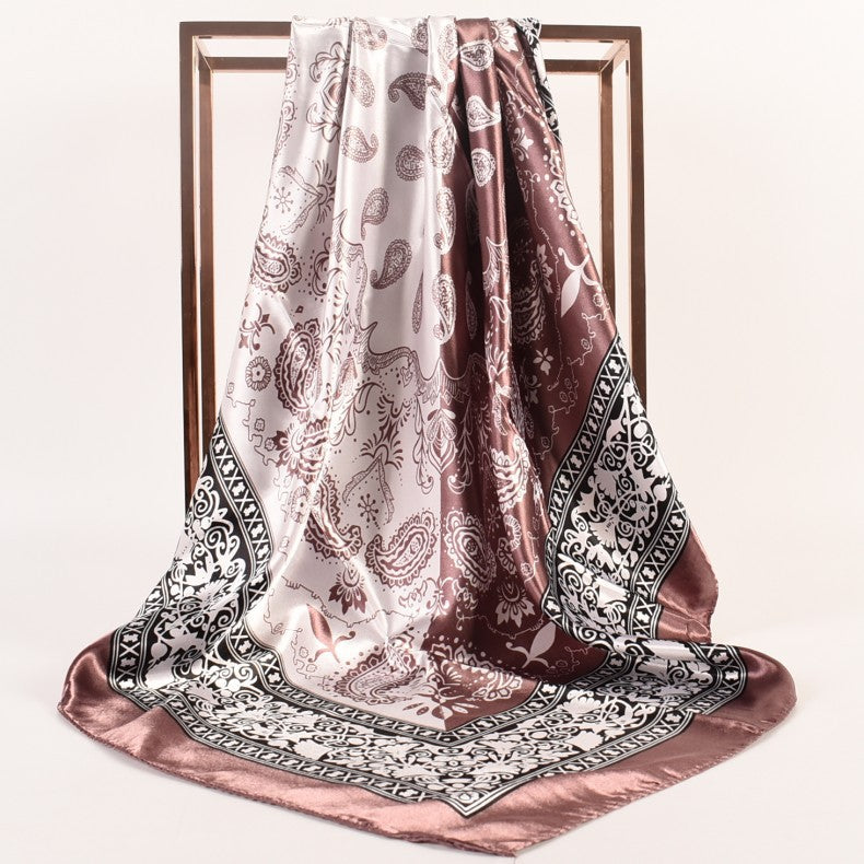 Spring and Autumn New 90cm Printed Satin Large Square Scarf Two-Color Cashew Nut Women's Fashion Scarf Silk Scarf Headscarf Shawl