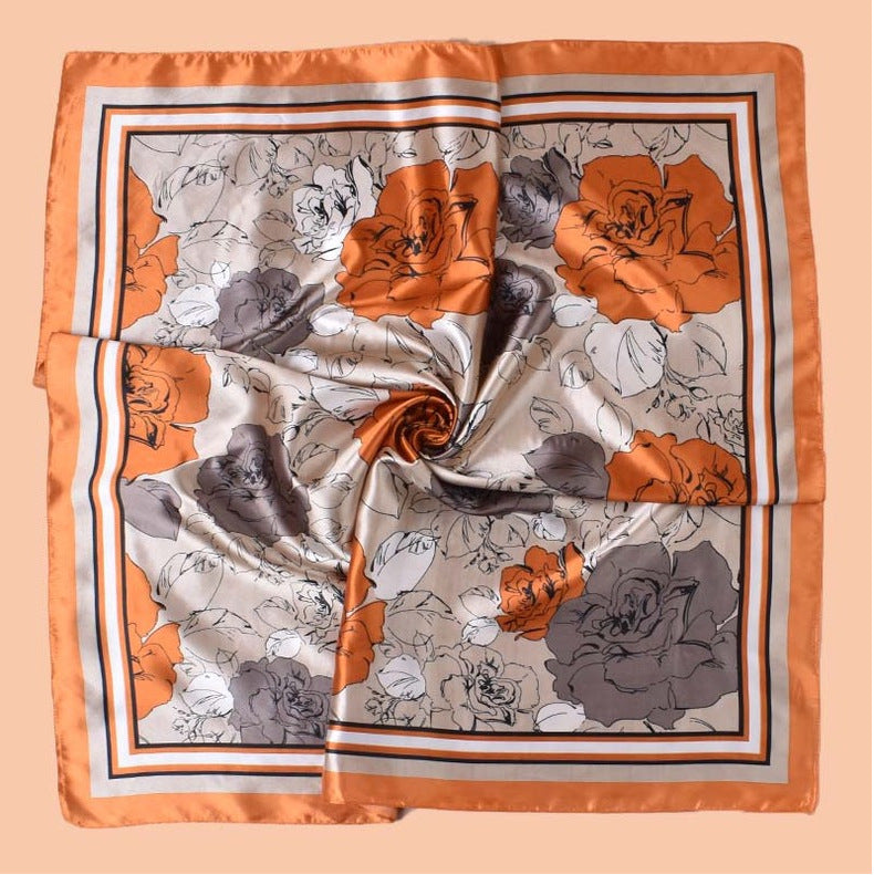 Spring and summer temperament big flower printing versatile decorative scarf headscarf silk scarf 90 high-quality satin large square scarf