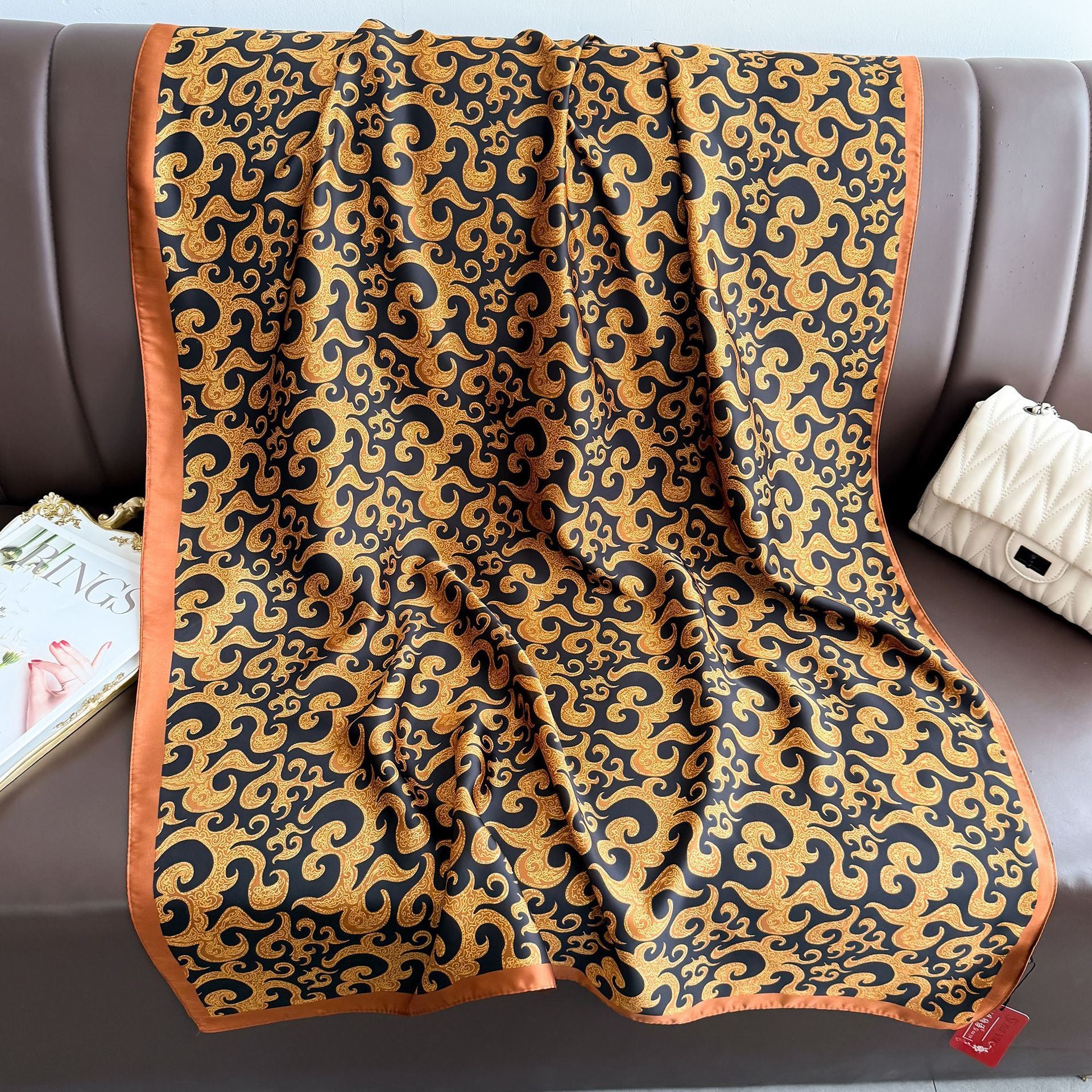 Fashion versatile literary retro auspicious cloud cashew pattern long silk scarf, simple and elegant temperament with shawl