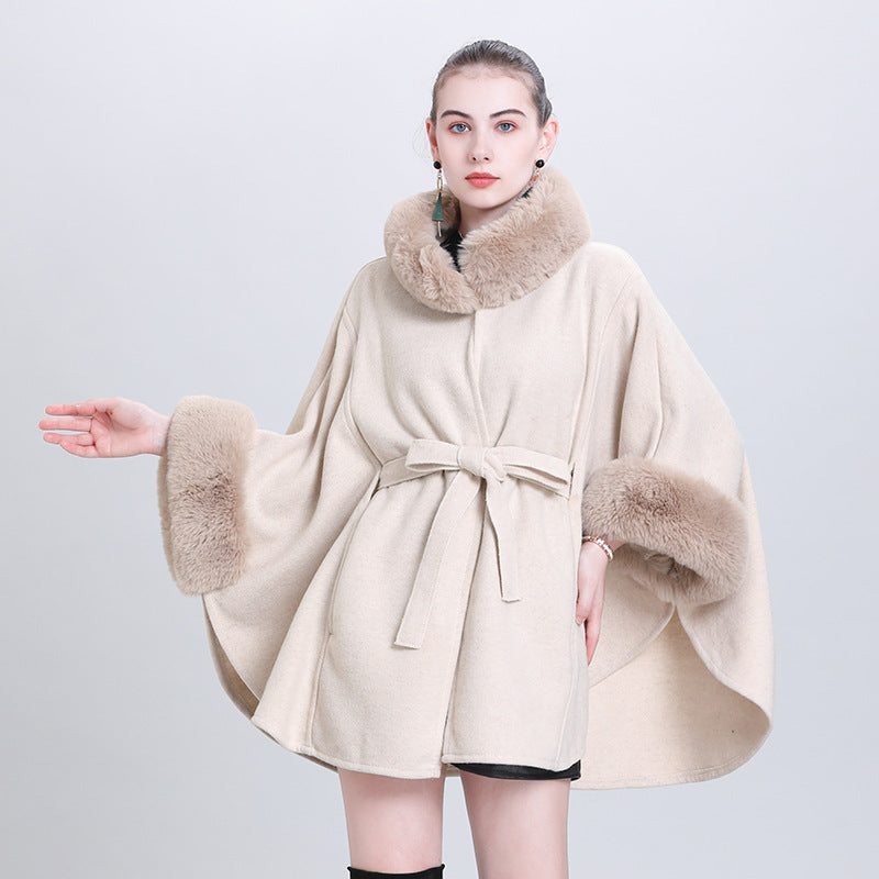 beige autumn and winter fur collar lace-up knitted cardigan cape loose woolen jacket Q1000 #
