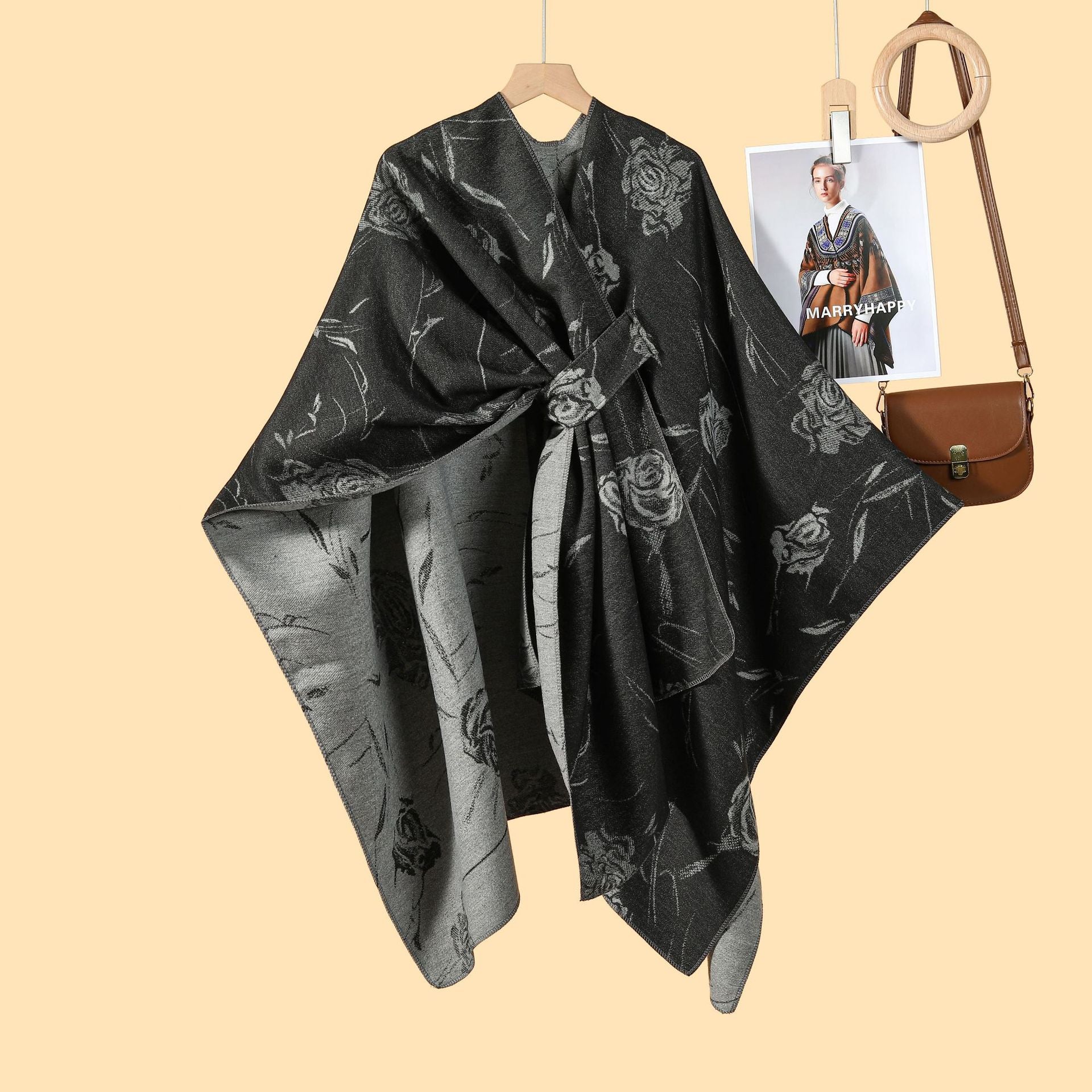 Ladies French Romantic Rose Split Shawl Cloak Multifunctional Side Straps Outside with Warm Cardigan New