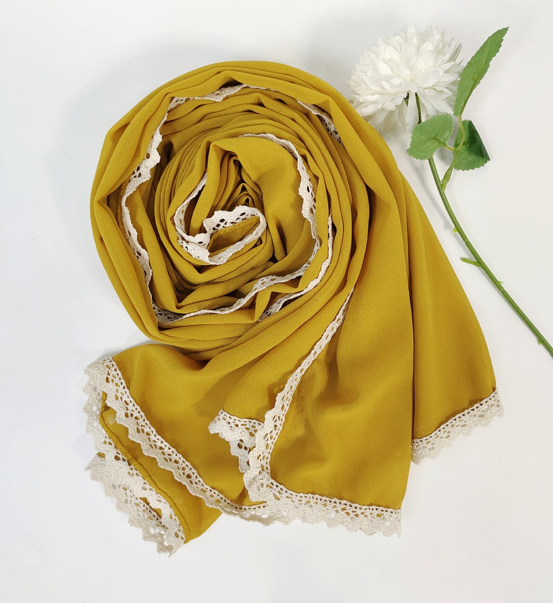 New ins fashion monochrome pearl chiffon lace fringed  scarf headscarf hijab